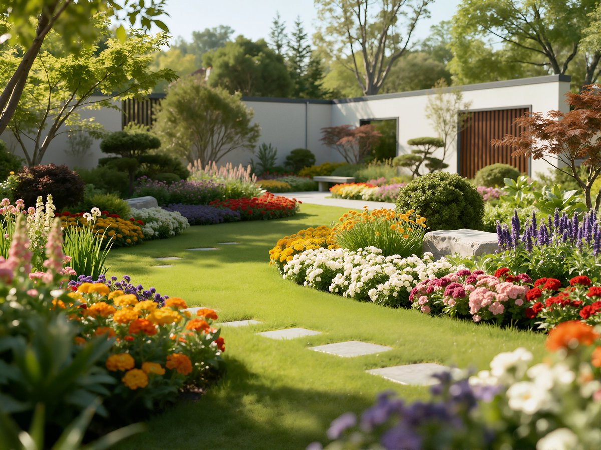 A beautiful garden with stepping stones on lush lawn bordered by vibrant flowering beds