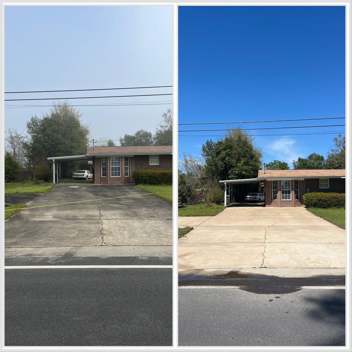 Before and after comparison of a brick house with driveway improvement, showing cleaner paved surface and clearer sky