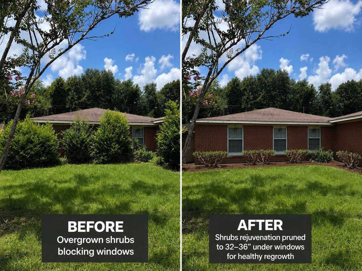 Before and after landscaping in Dothan, Alabama: overgrown shrubs blocking the windows of a brick home, rejuvenated and pruned to 32–36 inches under the windows for healthy regrowth