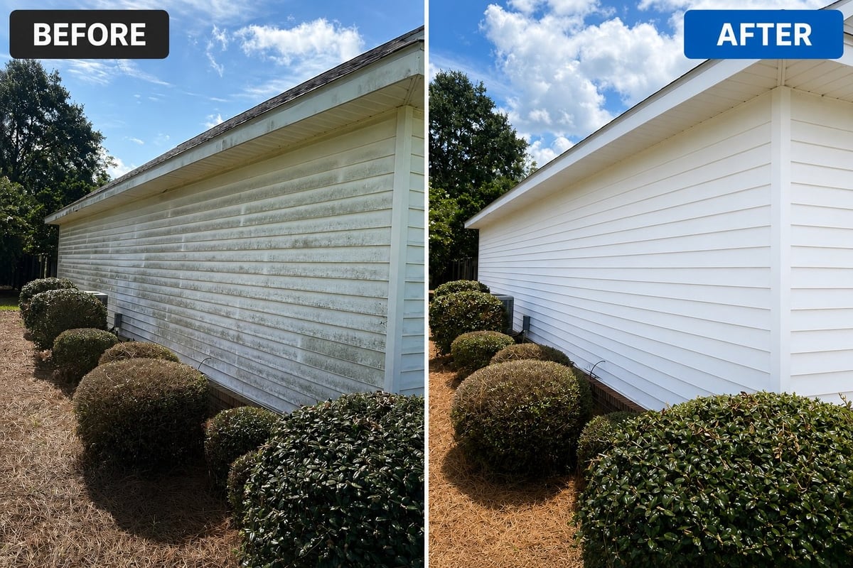 Before and after garage exterior cleaning in Dothan, Alabama: weathered stained siding restored to a bright white finish by Homepoint Property Group