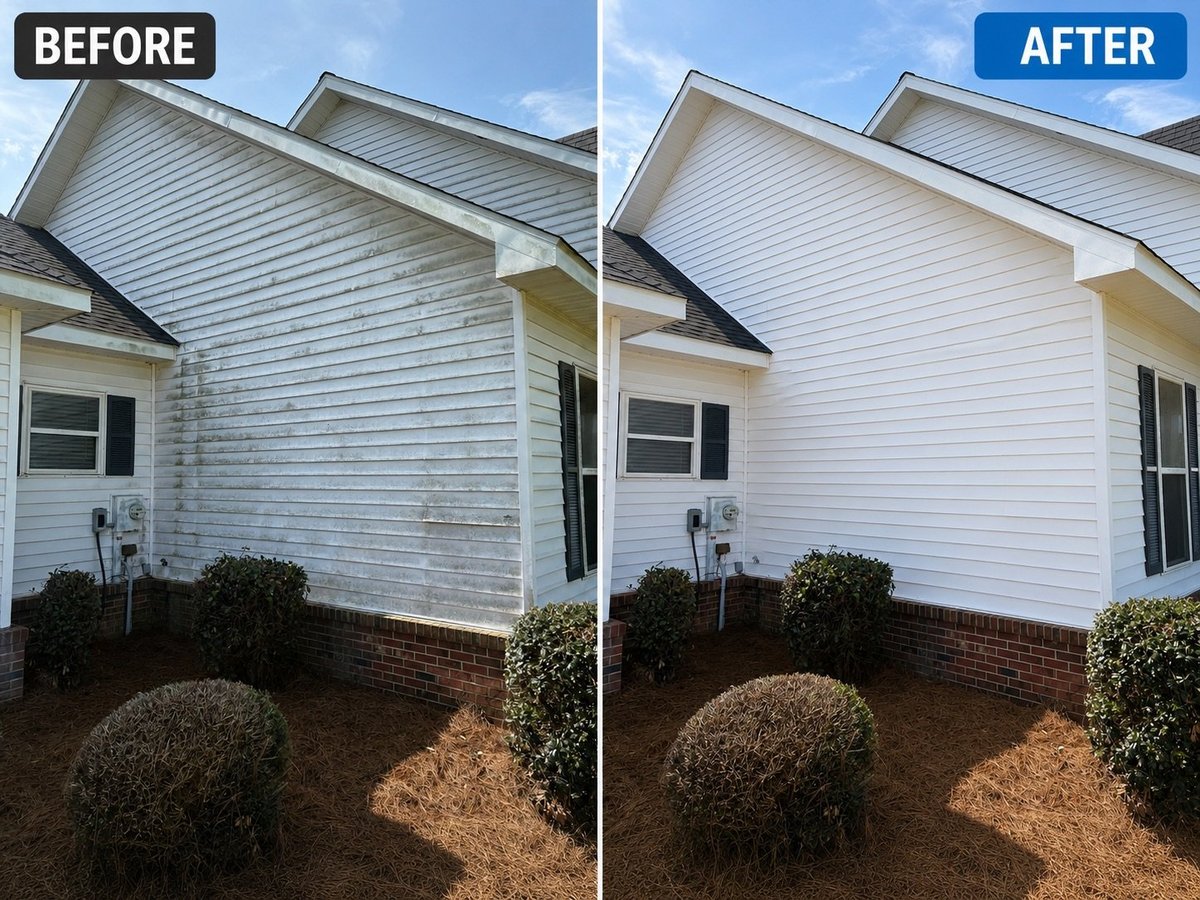 Before and after house exterior siding cleaning in Dothan, Alabama: dirty weathered vinyl siding transformed to bright white finish by Homepoint Property Group